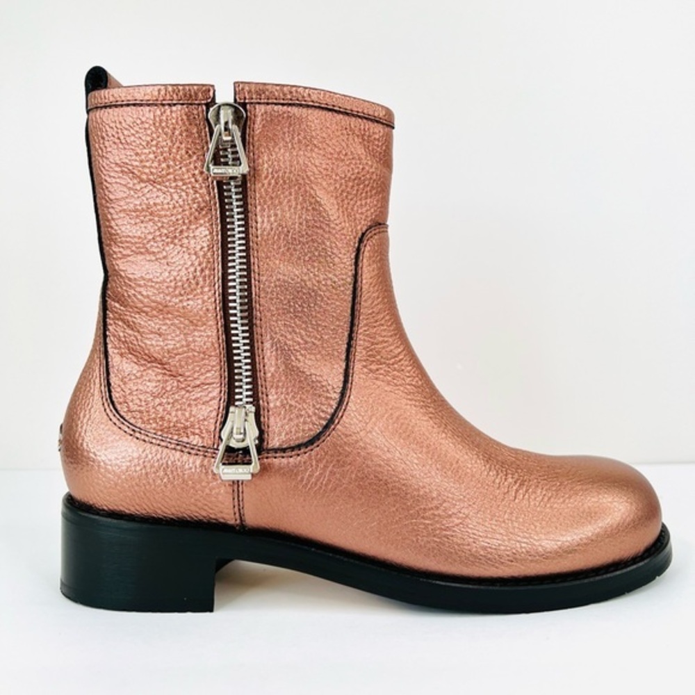 JIMMY CHOO Dondo Rosewood Metallic Grainy Leather Biker Ankle Boots EU 40